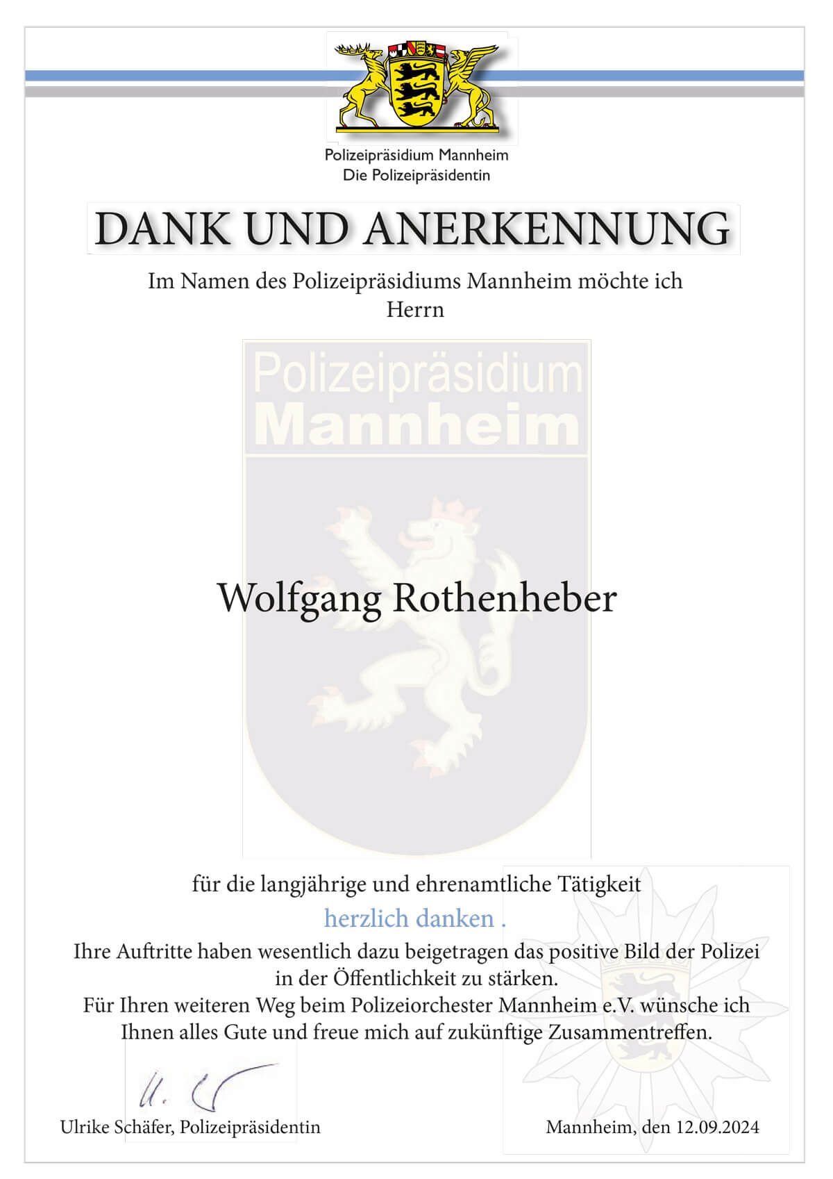 Dank und Anerkennung von Polizeipräsidentin Frau Ulrike Schäfer