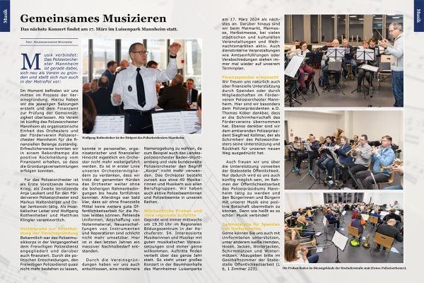 Gemeinsames Musizieren - Bericht in der Februar-Ausgabe 2024 der "MetroPol"