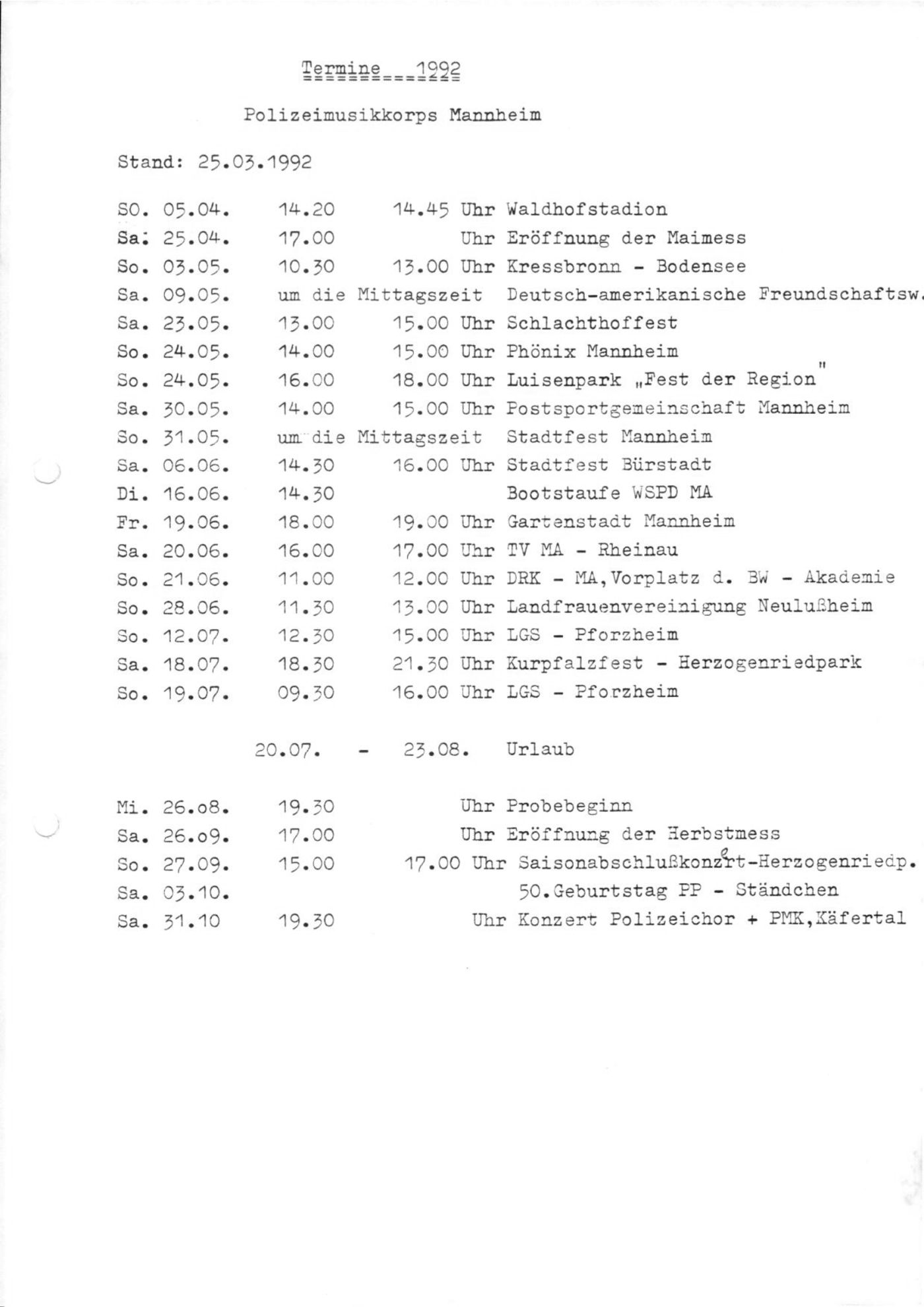 Terminplan von 1992